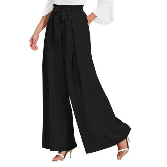 Fantaslook Womens Wide Leg Lounge Pants with Pockets High Waisted Adjustable Tie Knot Loose Casual Trousers Dress Work Pants