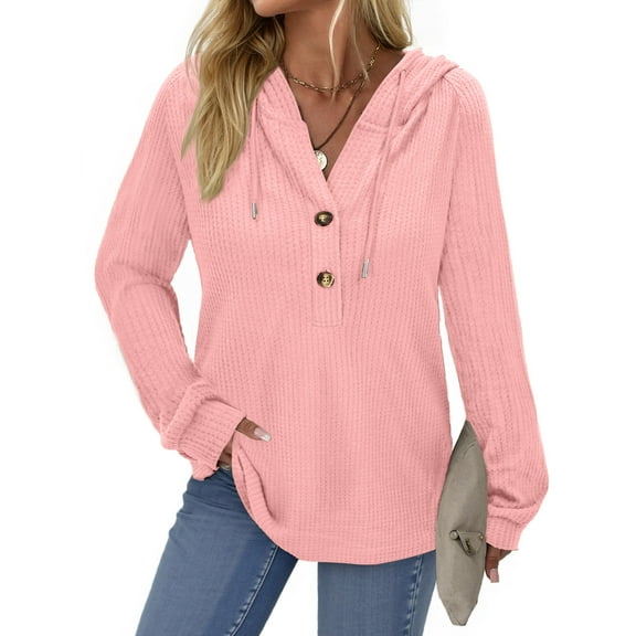 Fantaslook Hoodies for Women Waffle Knit Sweatshirts Drawstring Long Sleeve Tops Button V Neck Pullover