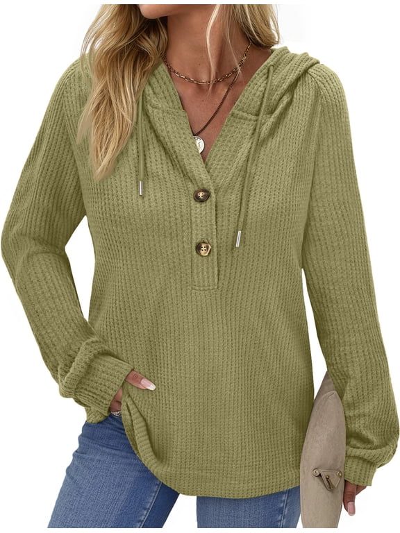 Hoodies for Women Waffle Knit Sweatshirts Drawstring Long Sleeve Tops Button V Neck Pullover