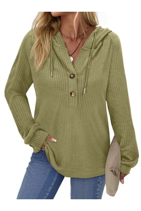 Hoodies for Women Waffle Knit Sweatshirts Drawstring Long Sleeve Tops Button V Neck Pullover