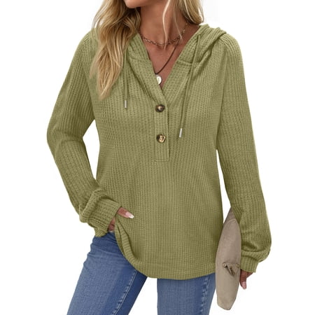 Fantaslook Hoodies for Women Waffle Knit Sweatshirts Drawstring Long Sleeve Tops Button V Neck Pullover