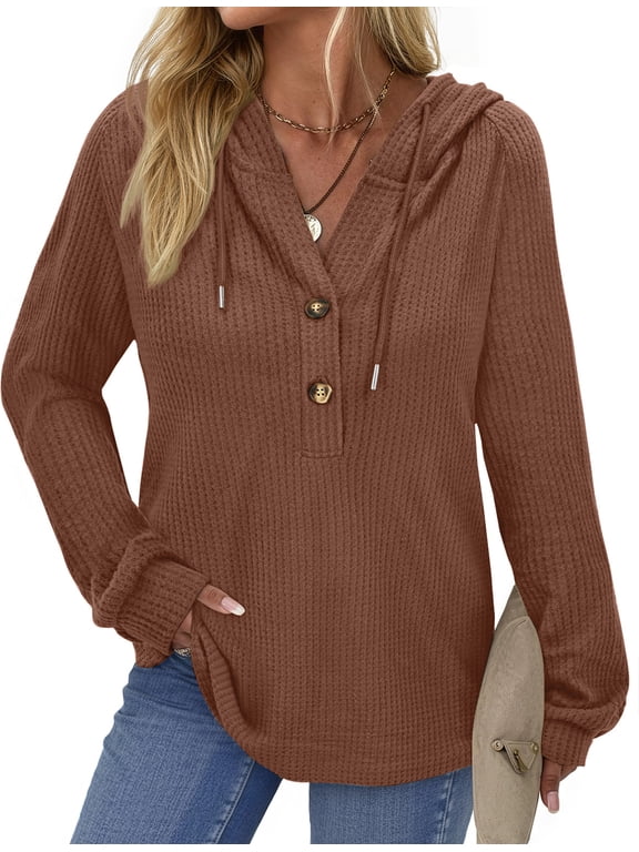 Hoodies for Women Waffle Knit Sweatshirts Drawstring Long Sleeve Tops Button V Neck Pullover