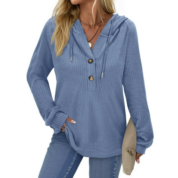 Fantaslook Hoodies for Women Waffle Knit Sweatshirts Drawstring Long Sleeve Tops Button V Neck Pullover