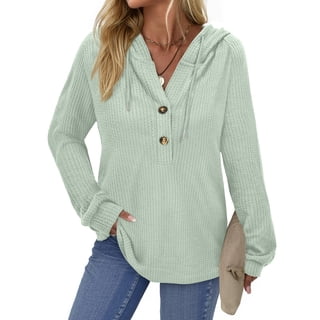Fantaslook Hoodies for Women Waffle Knit Sweatshirts Drawstring Long Sleeve Tops Button V Neck Pullover