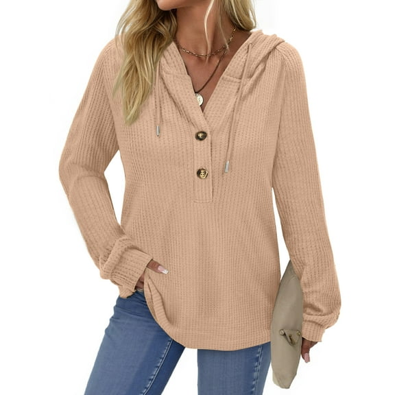 Fantaslook Hoodies for Women Waffle Knit Sweatshirts Drawstring Long Sleeve Tops Button V Neck Pullover