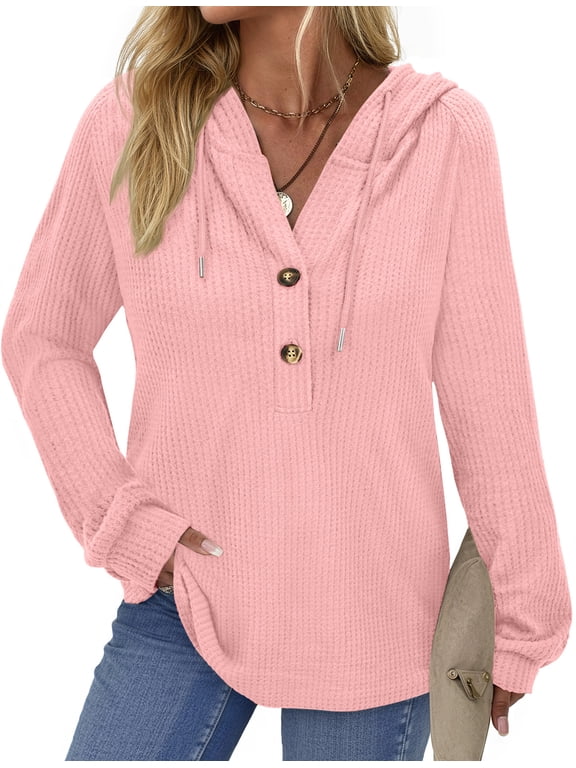 Hoodies for Women Waffle Knit Sweatshirts Drawstring Long Sleeve Tops Button V Neck Pullover