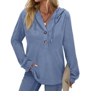 Fantaslook Hoodies for Women Waffle Knit Sweatshirts Drawstring Long Sleeve Tops Button V Neck Pullover