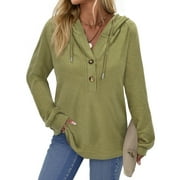 FANTASLOOK Hoodies for Women Waffle Knit Sweatshirts Drawstring Long Sleeve Tops Button V Neck Pullover