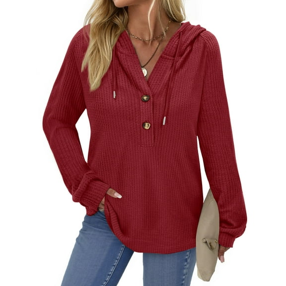 Fantaslook Hoodies for Women Waffle Knit Sweatshirts Drawstring Long Sleeve Tops Button V Neck Pullover