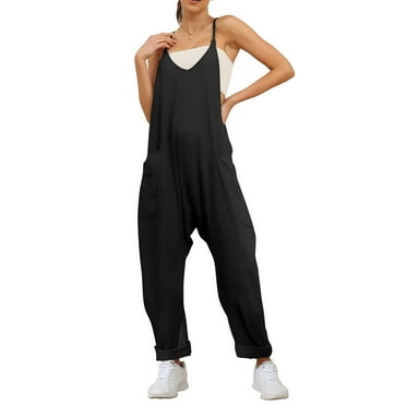 Fantaslook Jumpsuits for Women Casual Loose Rompers Sleeveless Spaghetti Strap Overalls Jumpers Harem Long Pants with Pockets