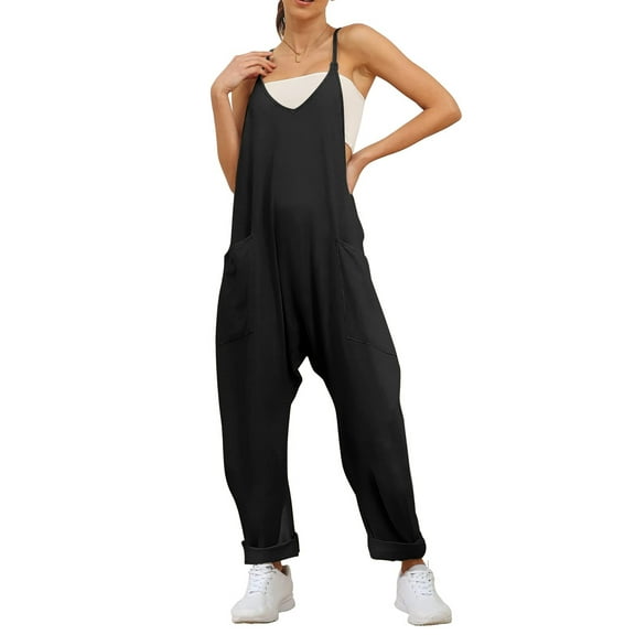 Fantaslook Jumpsuits for Women Casual Loose Rompers Sleeveless Spaghetti Strap Overalls Jumpers Harem Long Pants with Pockets