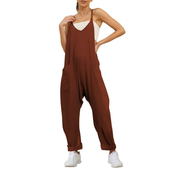 Fantaslook Jumpsuits for Women Casual Loose Rompers Sleeveless Spaghetti Strap Overalls Jumpers Harem Long Pants with Pockets