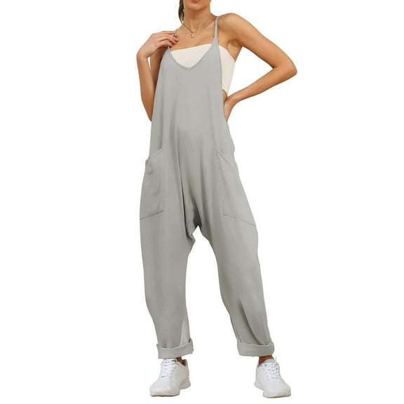 Fantaslook Jumpsuits for Women Casual Loose Rompers Sleeveless Spaghetti Strap Overalls Jumpers Harem Long Pants with Pockets
