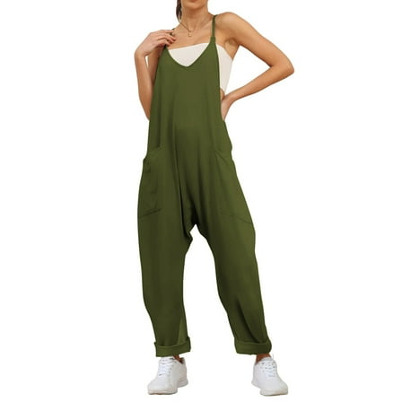 Fantaslook Jumpsuits for Women Casual Loose Rompers Sleeveless Spaghetti Strap Overalls Jumpers Harem Long Pants with Pockets