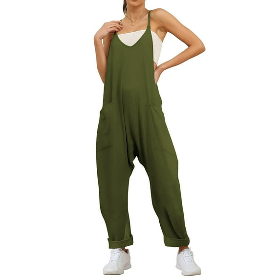 Fantaslook Jumpsuits for Women Casual Loose Rompers Sleeveless Spaghetti Strap Overalls Jumpers Harem Long Pants with Pockets