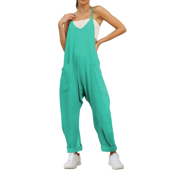 Fantaslook Jumpsuits for Women Casual Loose Rompers Sleeveless Spaghetti Strap Overalls Jumpers Harem Long Pants with Pockets
