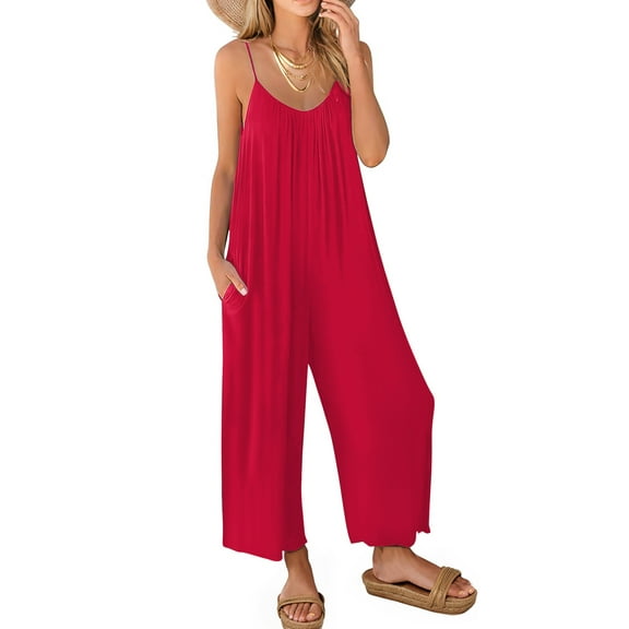 Fantaslook Jumpsuits for Women Casual Sleeveless Spaghetti Strap Rompers Boho Wide Leg Jumpsuits Overalls Dressy Trendy Outfits Clothes