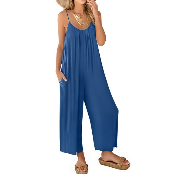 Fantaslook Jumpsuits for Women Casual Sleeveless Spaghetti Strap Rompers Boho Wide Leg Jumpsuits Overalls Dressy Trendy Outfits Clothes