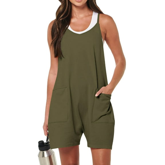 Fantaslook Jumpsuits for Women Casual Summer Rompers Sleeveless Loose Spaghetti Strap Shorts Overalls Jumpers with Pockets