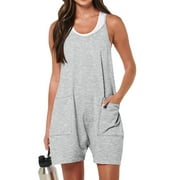 Fantaslook Jumpsuits for Women Casual Summer Rompers Sleeveless Loose Spaghetti Strap Shorts Overalls Jumpers with Pockets