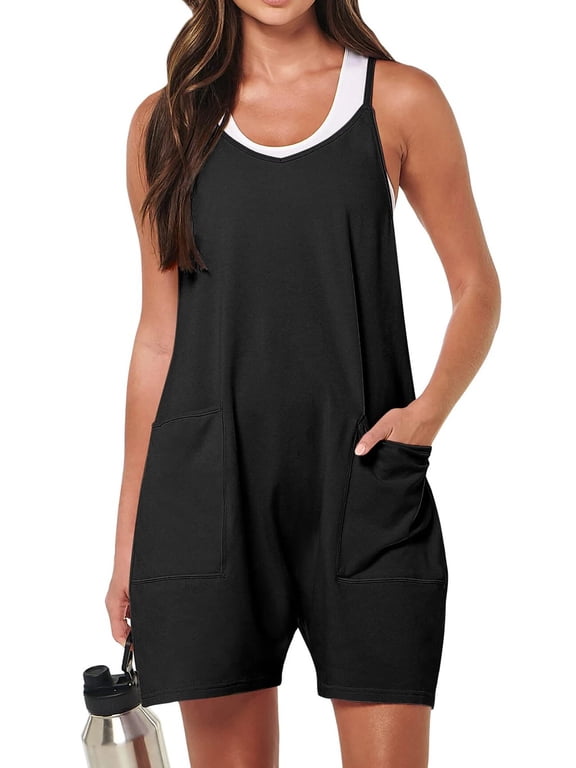 Fantaslook Jumpsuits for Women Casual Summer Rompers Sleeveless Loose Spaghetti Strap Shorts Overalls Jumpers with Pockets