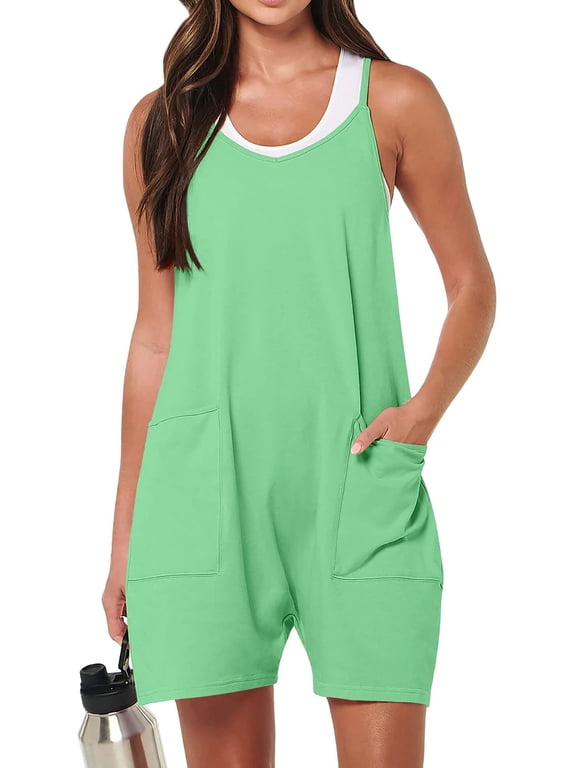 Fantaslook Jumpsuits for Women Casual Summer Rompers Sleeveless Loose Spaghetti Strap Shorts Overalls Jumpers with Pockets