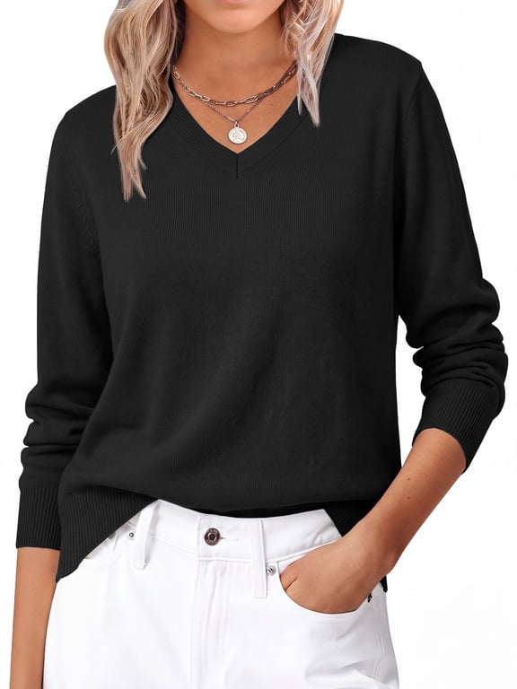 Knit Sweater for Women Long Sleeve V Neck Fall Tops Trendy Lightweight Pullover Work Shirts