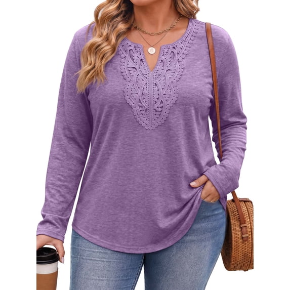 Fantaslook Lace Plus Size Tops for Women Long Sleeve V Neck Blouses Fall Tunic Shirts L-5XL