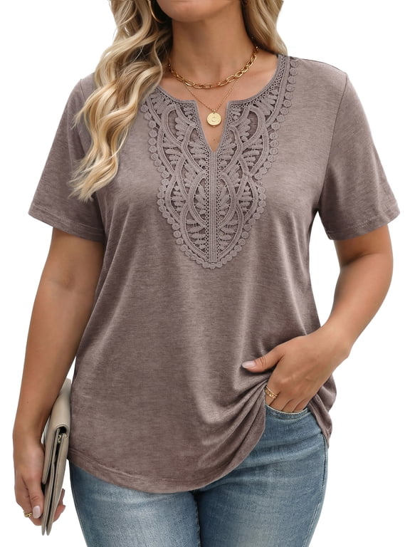 Lace Plus Size Tops for Women V Neck Short Sleeve Blouses Summer Tunic Shirts