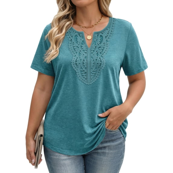 Fantaslook Lace Plus Size Tops for Women V Neck Short Sleeve Blouses Summer Tunic Shirts