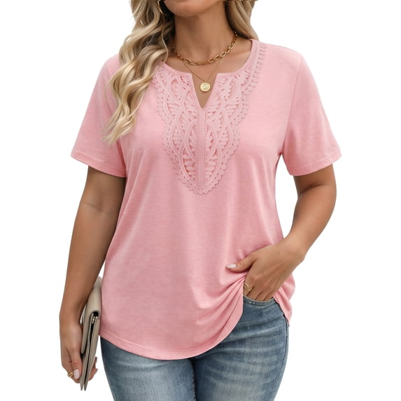 Fantaslook Lace Plus Size Tops for Women V Neck Short Sleeve Blouses Summer Tunic Shirts