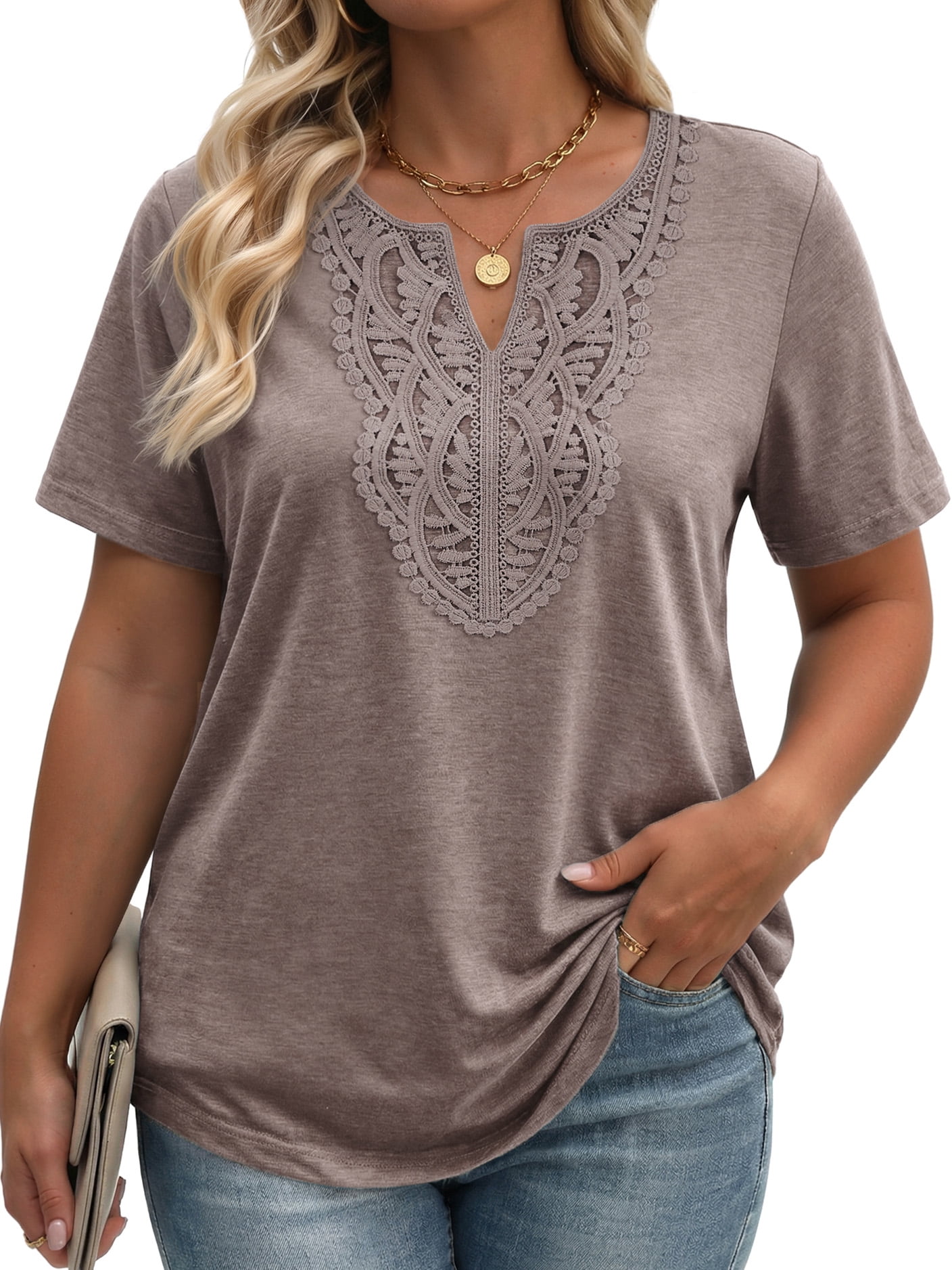 Fantaslook Lace Plus Size Tops for Women V Neck Short Sleeve Blouses ...