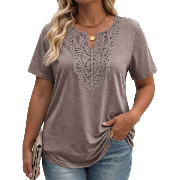 Fantaslook Lace Plus Size Tops for Women V Neck Short Sleeve Blouses Summer Tunic Shirts