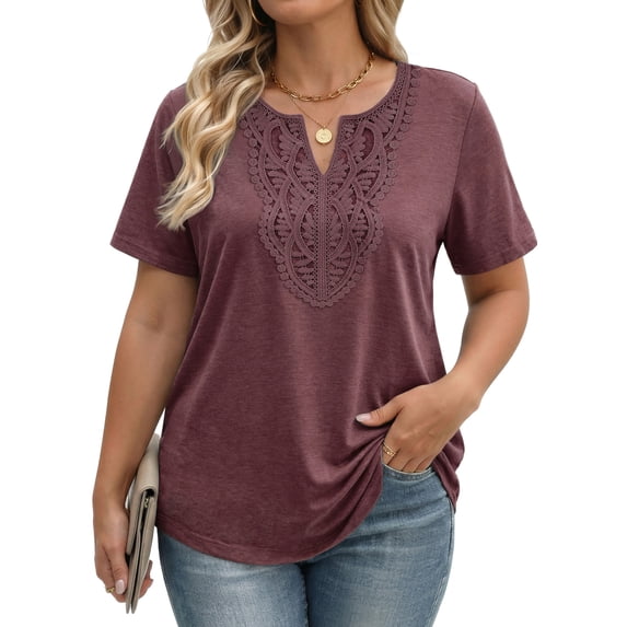 Fantaslook Lace Plus Size Tops for Women V Neck Short Sleeve Blouses Summer Tunic Shirts