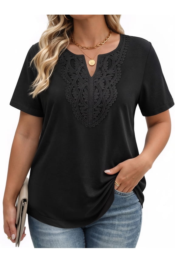 Lace Plus Size Tops for Women V Neck Short Sleeve Blouses Summer Tunic Shirts