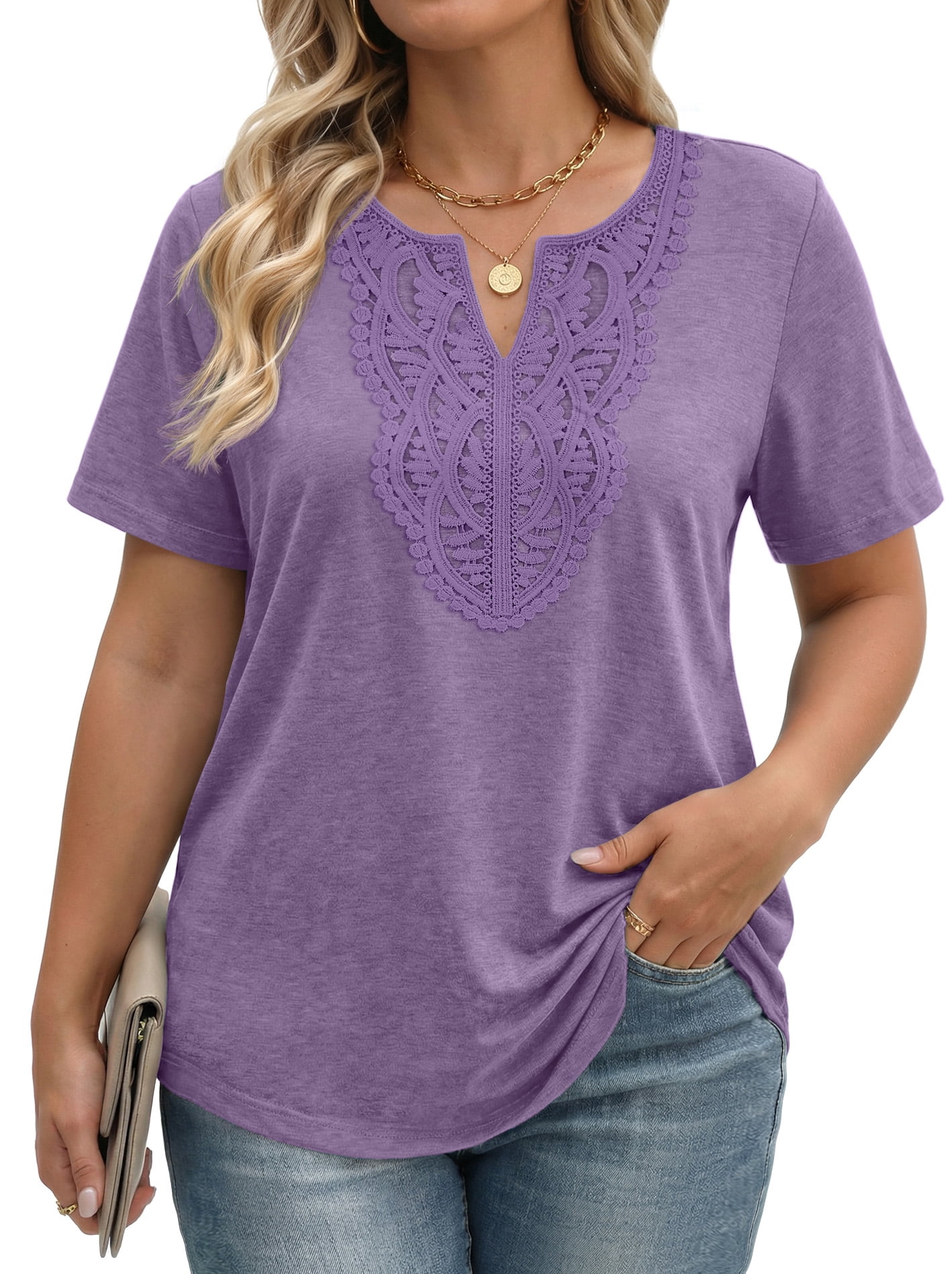 Fantaslook Lace Plus Size Tops for Women V Neck Short Sleeve Blouses ...