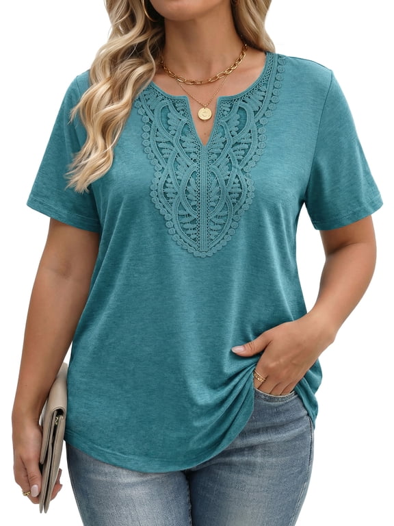 Lace Plus Size Tops for Women V Neck Short Sleeve Blouses Summer Tunic Shirts