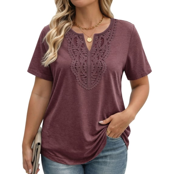 Fantaslook Lace Plus Size Tops for Women V Neck Short Sleeve Blouses Summer Tunic Shirts