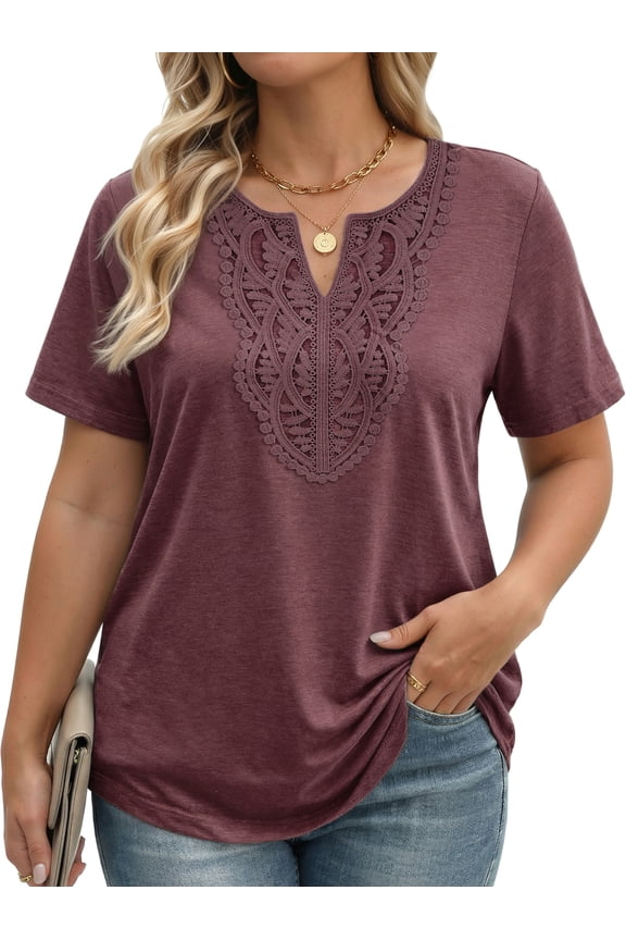 Lace Plus Size Tops for Women V Neck Short Sleeve Blouses Summer Tunic Shirts