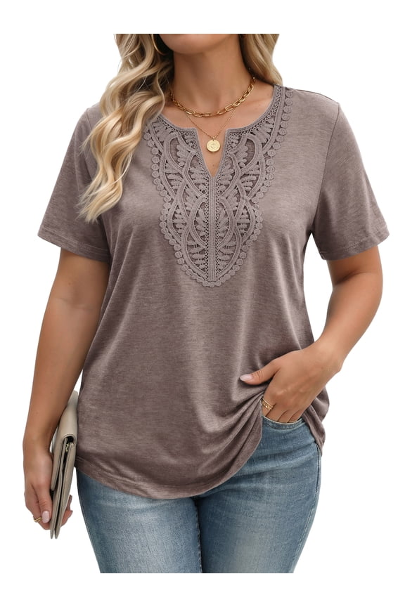 Lace Plus Size Tops for Women V Neck Short Sleeve Blouses Summer Tunic Shirts