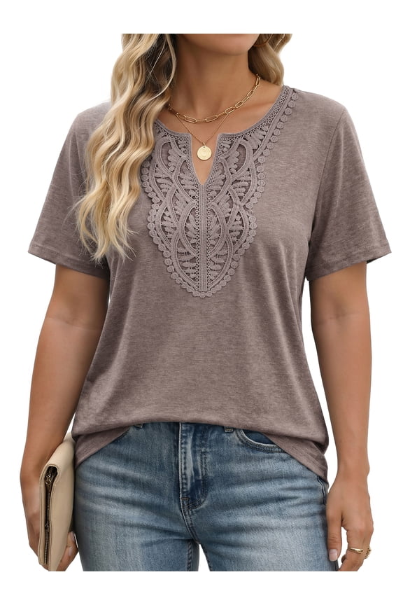 Lace Plus Size Tops for Women V Neck Short Sleeve Blouses Summer Tunic Shirts