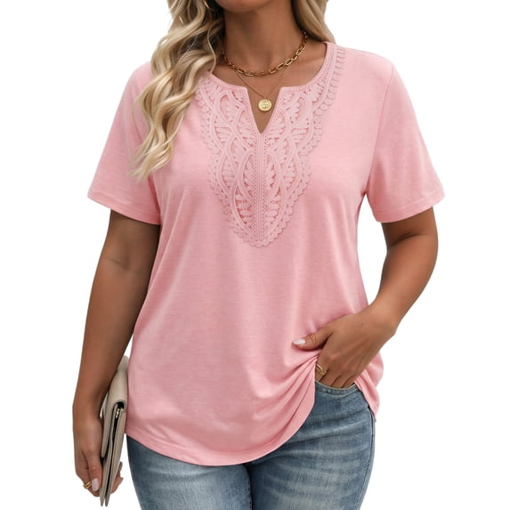 Fantaslook Lace Plus Size Tops for Women V Neck Short Sleeve Blouses Summer Tunic Shirts