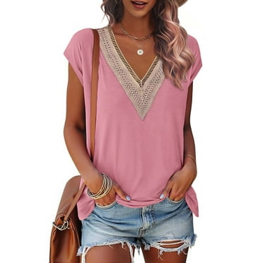 Fantaslook Lace Womens Blouses Cap Sleeve V Neck T Shirts for Women Summer Casual Tops