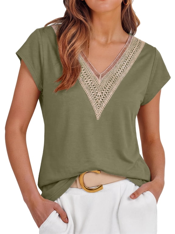 Lace Womens Blouses Cap Sleeve V Neck T Shirts for Women Summer Casual Tops