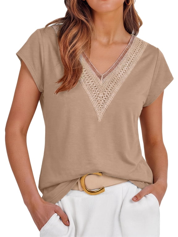 Lace Womens Blouses Cap Sleeve V Neck T Shirts for Women Summer Casual Tops