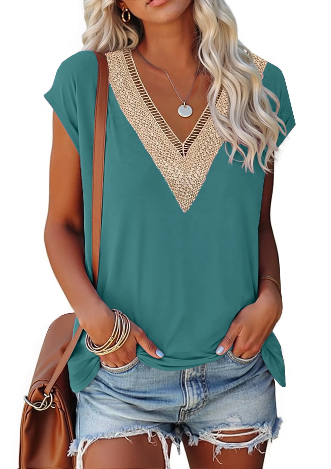 Fantaslook Lace Womens Blouses Cap Sleeve V Neck T Shirts for Women Summer Casual Tops