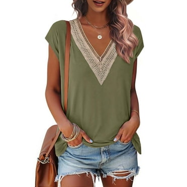 Fantaslook Lace Womens Blouses Cap Sleeve V Neck T Shirts for Women Summer Casual Tops