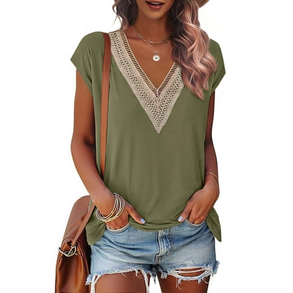 Fantaslook Lace Womens Blouses Cap Sleeve V Neck T Shirts for Women Summer Casual Tops