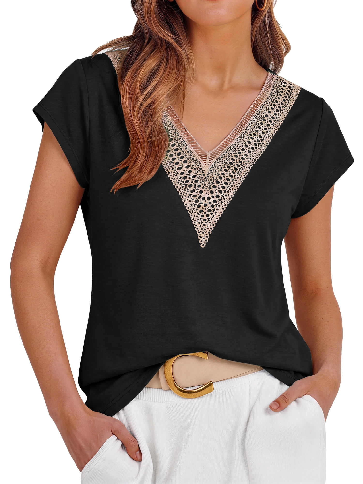 Lace Womens Blouses Cap Sleeve V Neck T Shirts for Women Summer Casual Tops