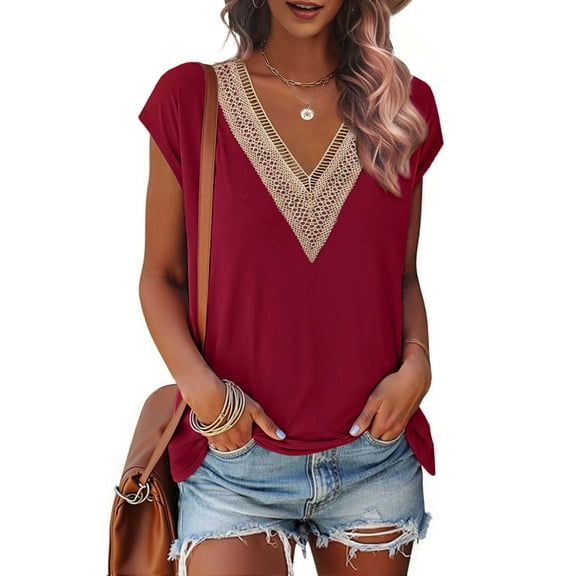 Fantaslook Lace Womens Blouses Cap Sleeve V Neck T Shirts for Women Summer Casual Tops